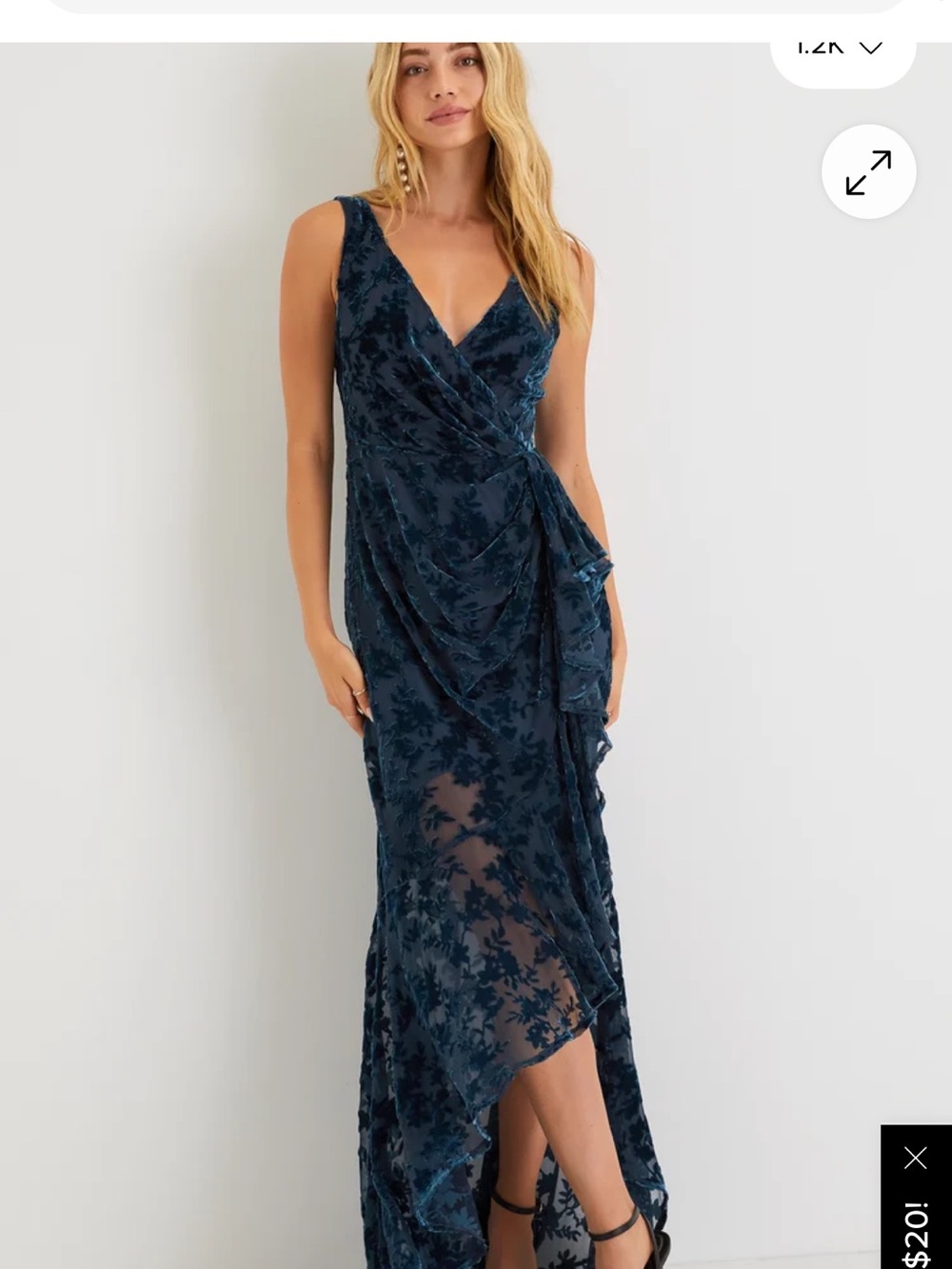 Lulus enchanting Impression Teal Blue Floral Velvet Ruffled Maxi Dress